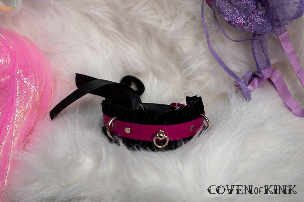 Black Velvet Double Ruffle Vegan Leather Kitten Submissive Collar