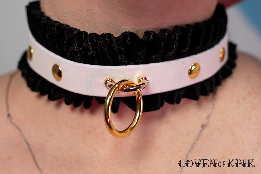 Black Velvet Double Ruffle Vegan Leather Kitten Submissive Collar