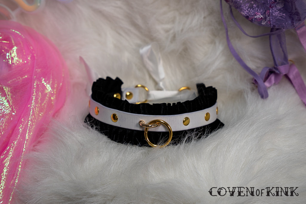 Black Velvet Double Ruffle Vegan Leather Kitten Submissive Collar