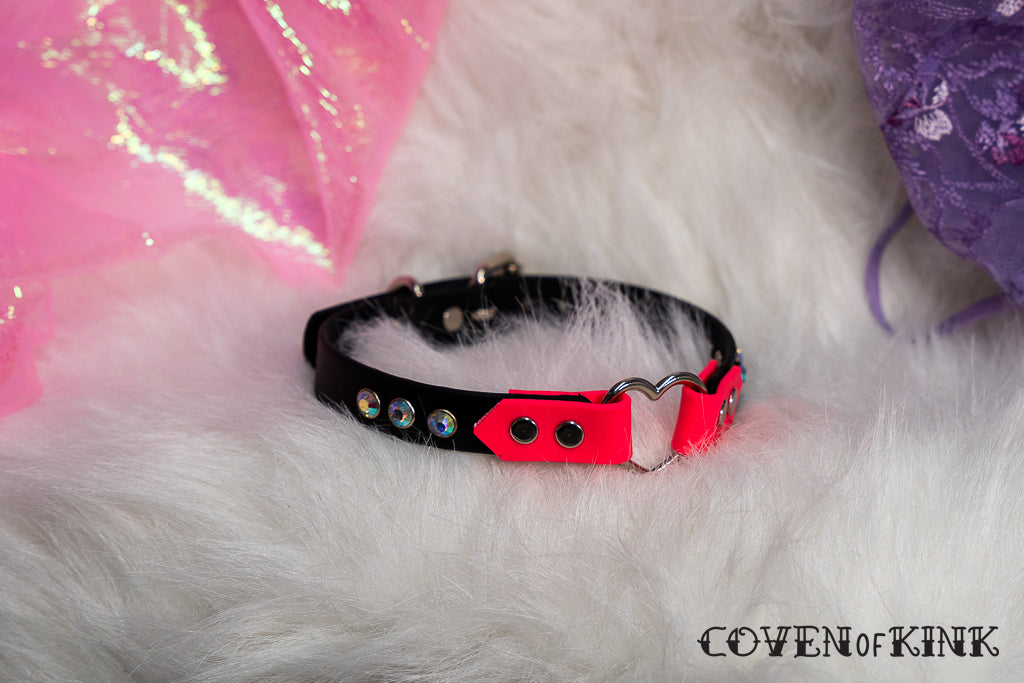 Rhinestone Studded Heart Vegan Leather Submissive Kitten Collar