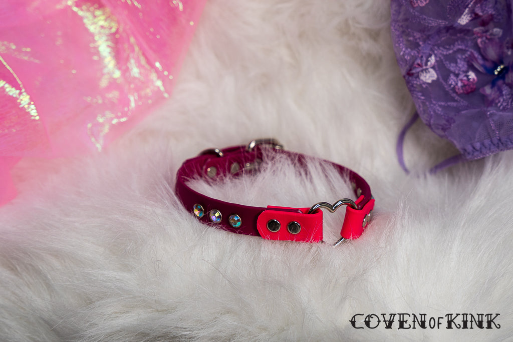 Rhinestone Studded Heart Vegan Leather Submissive Kitten Collar