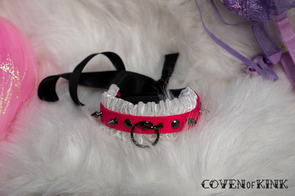 White Velvet Double Ruffle Vegan Leather Kitten Submissive Collar