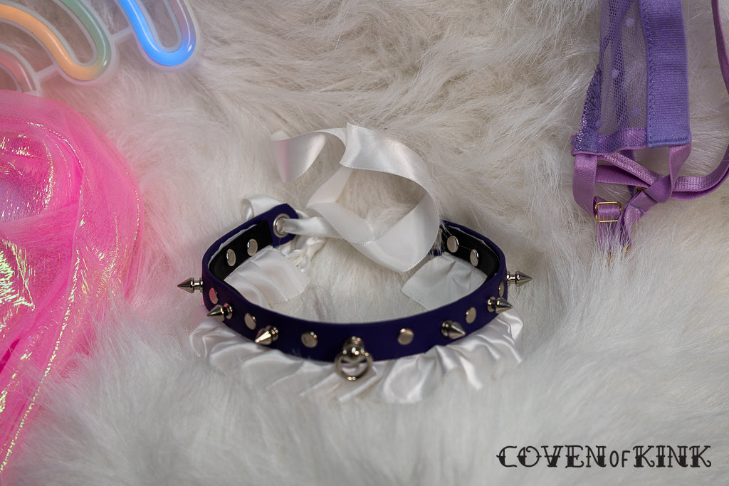 White Satin Single Ruffle Vegan Leather Kitten Submissive Collar